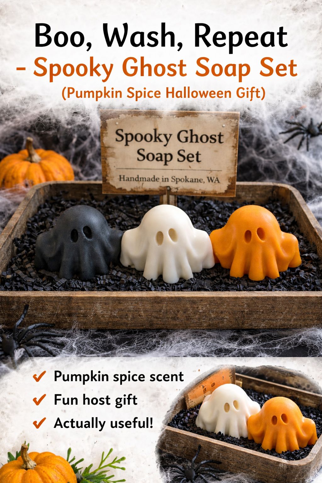 Boo, Wash, Repeat – Spooky Ghost Soap Set (3+ Pieces, Pumpkin Spice or Unscented) | Handmade in Spokane, WA