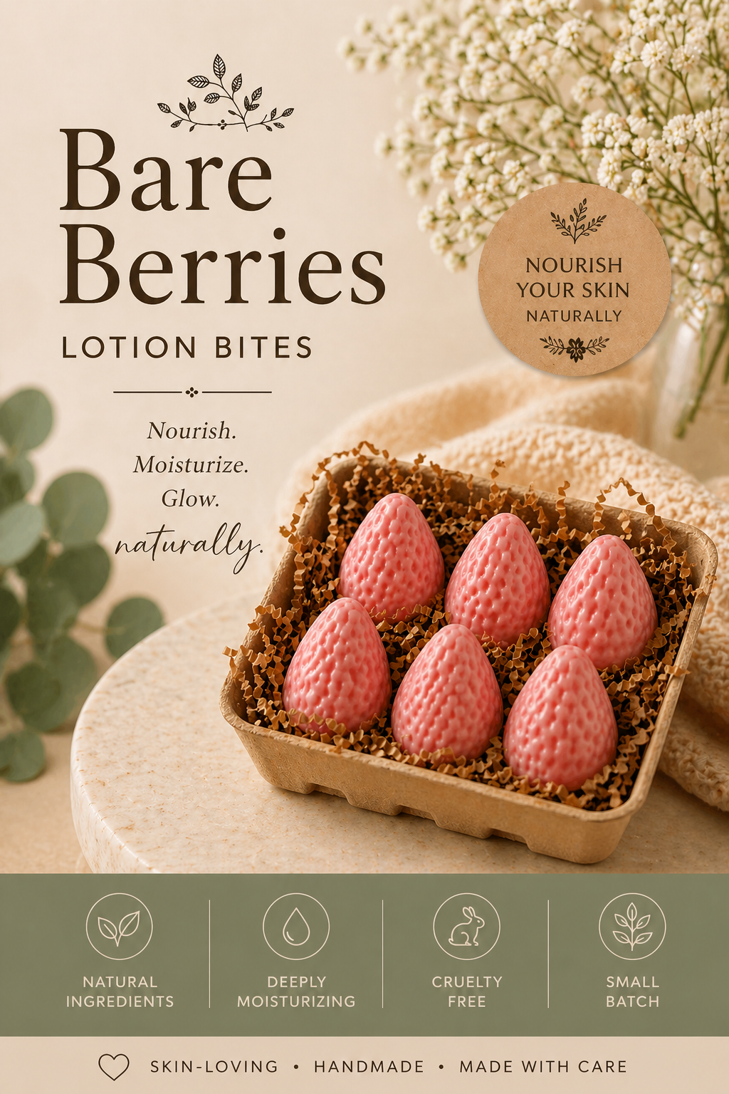 Bare Berries Strawberry Lotion Bites – Fragrance-Free, Small Batch Skincare Made in Spokane, Washington