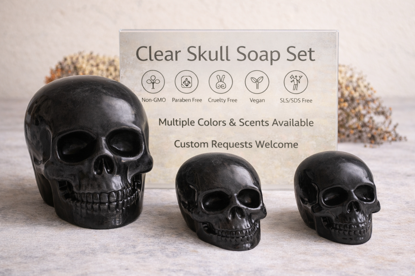 Skull Soap Set – Semi-Translucent Vegan Gothic Soap (2 Large + Bonus Mini, SLS-Free)