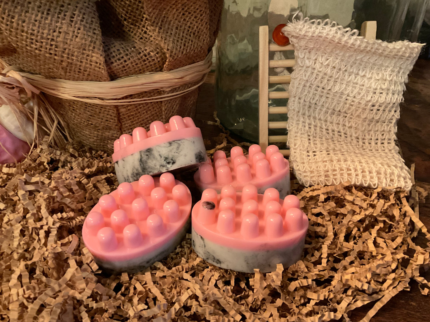 Strawberry Charcoal Goat Milk Massage Soap Set | Handmade Spa Bars with Scrub Bag and Wooden Rack | Artisan Bath Gift Bundle
