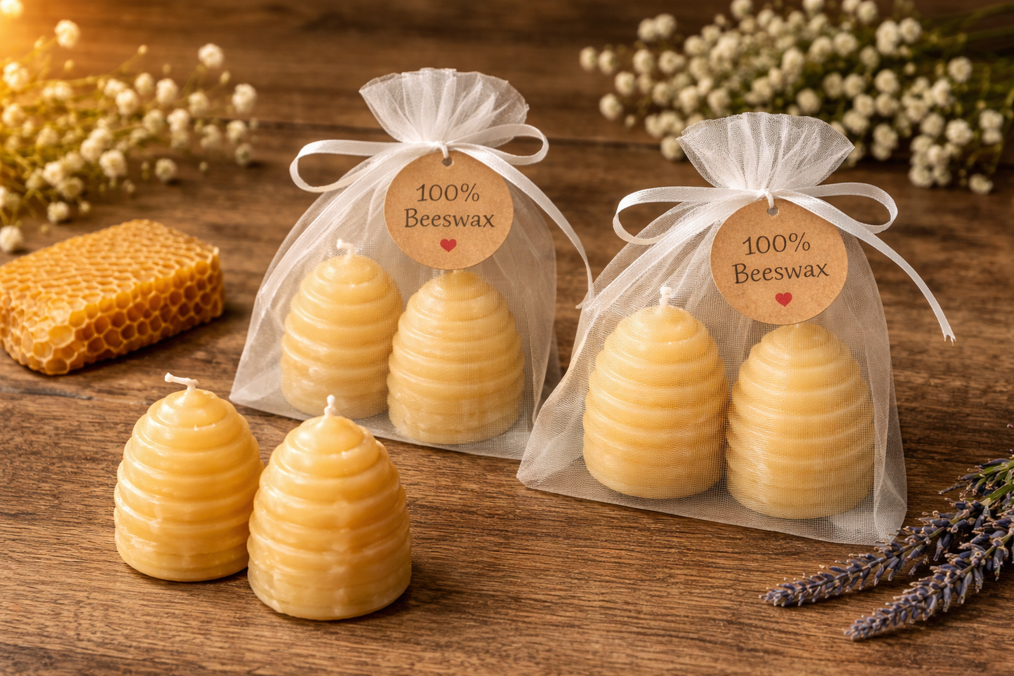 Pure Beeswax Beehive Candles – Hand-Poured Unscented Honeycomb Set (Natural)