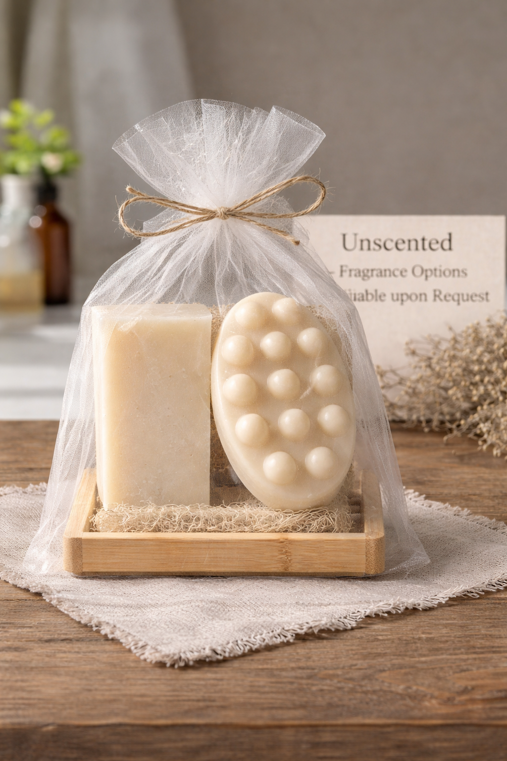 Tallow Soap Gift Set – Unscented Natural Bars with Bamboo Rack & Bag (Set of 2)