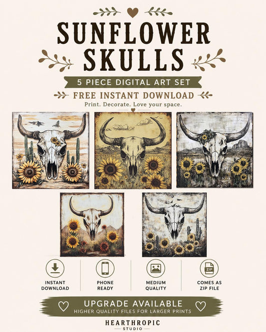 Sunflowers and Skulls | Free Digital Art | Set of 5 | Homestead Ranch Wall Decor | Rustic Cabin Print