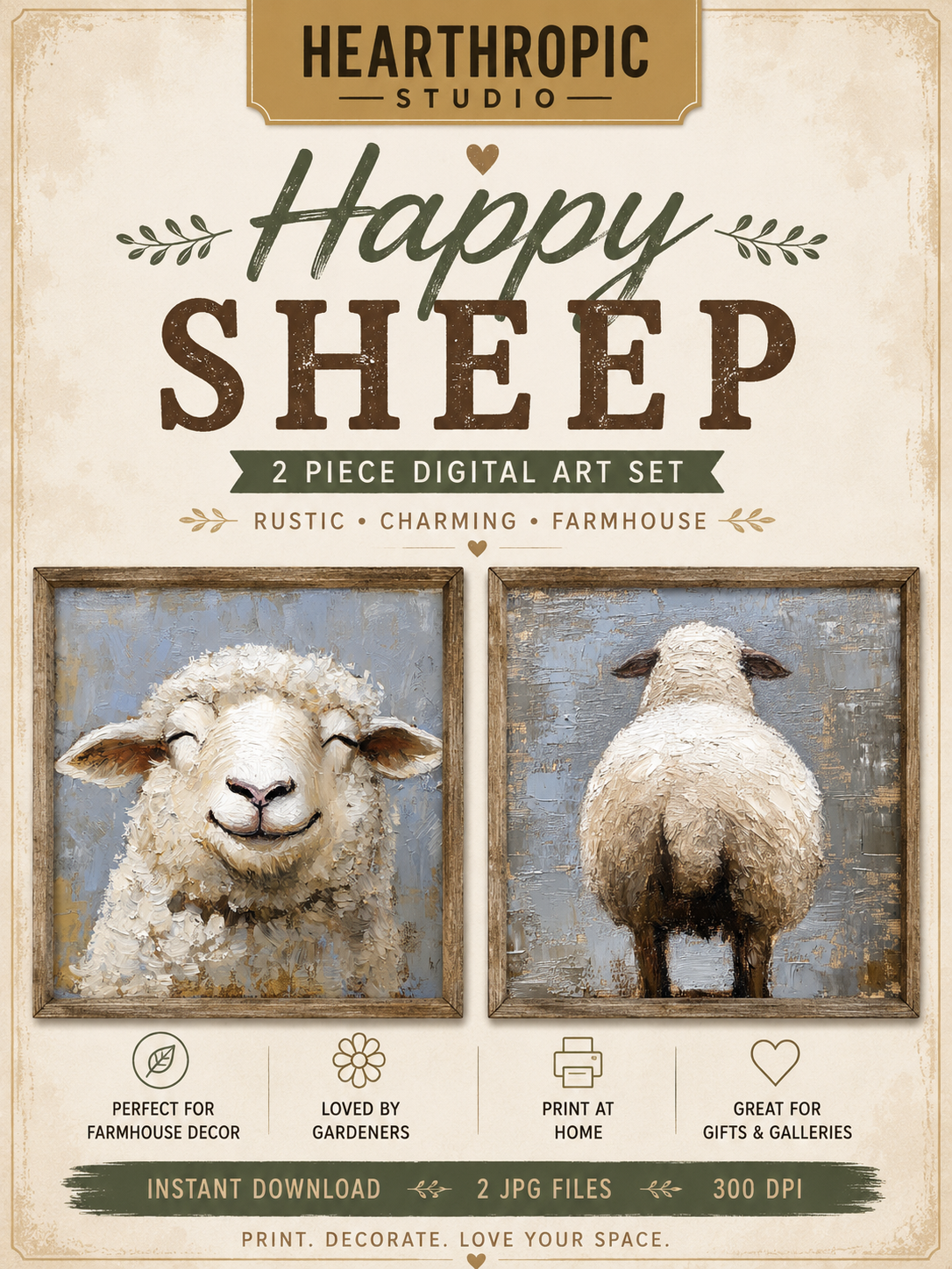 Happy Sheep Digital Art Set – Rustic Farmhouse Printable Wall Art (Digital Download)