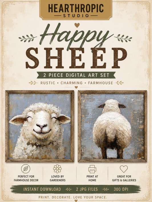 Happy Sheep Digital Art Set – Rustic Farmhouse Printable Wall Art (Digital Download)