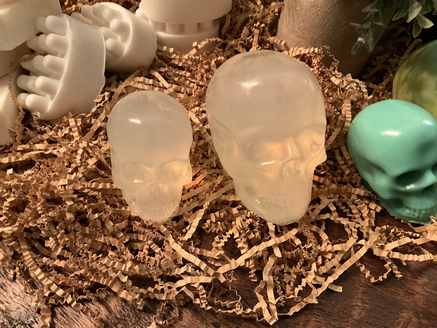Crystal Skull Soap Set – Clear Leather-Scented Handmade Bars (Set of 2, Gothic Gift)