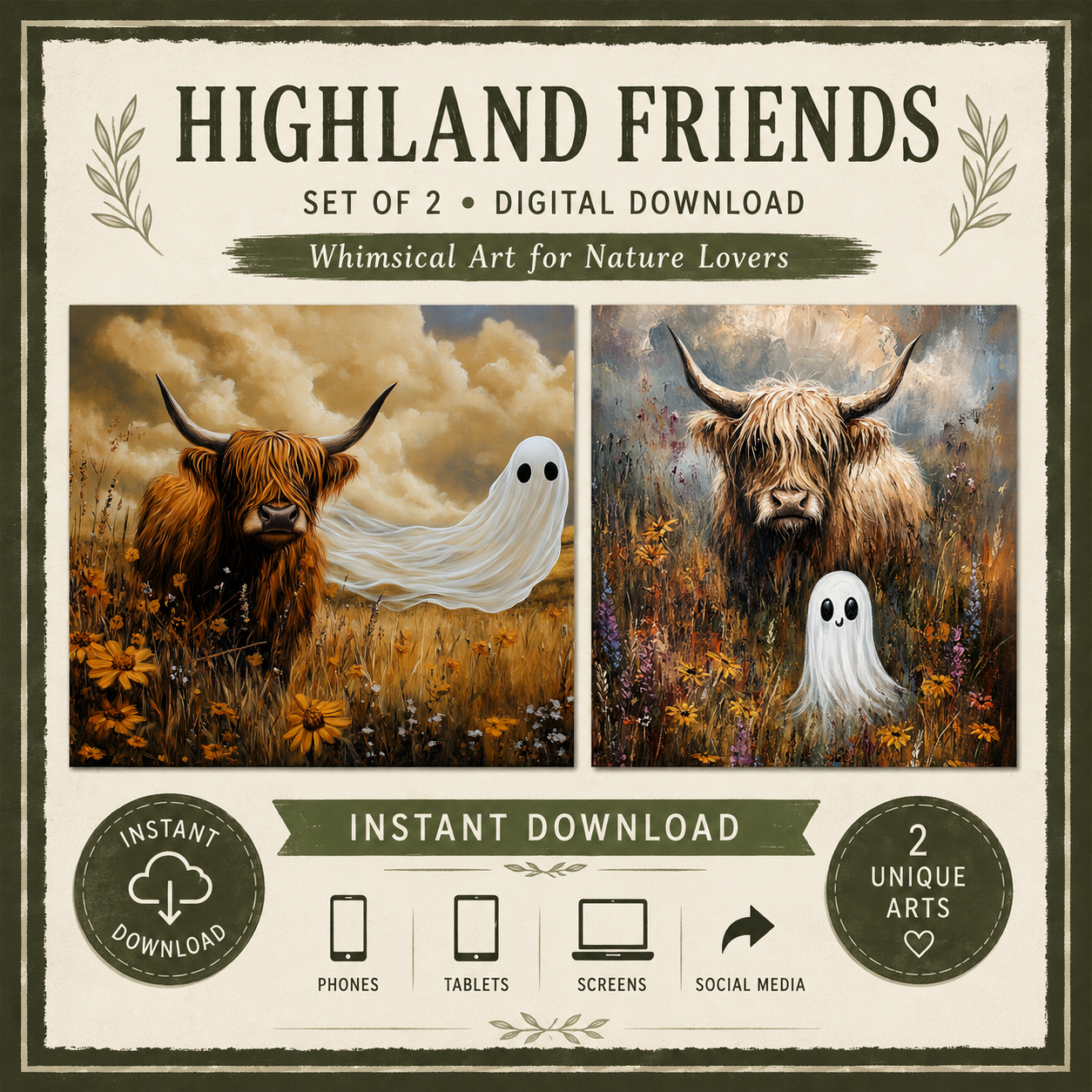 Highland Cow Halloween Ghost Art – Printable Wall Art (Free Digital Download)