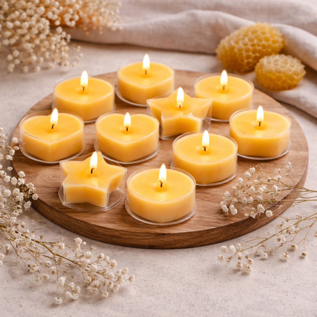 Pure Beeswax Tea Lights in Clear Cups – Hand-Poured Mixed-Shape Candle Set