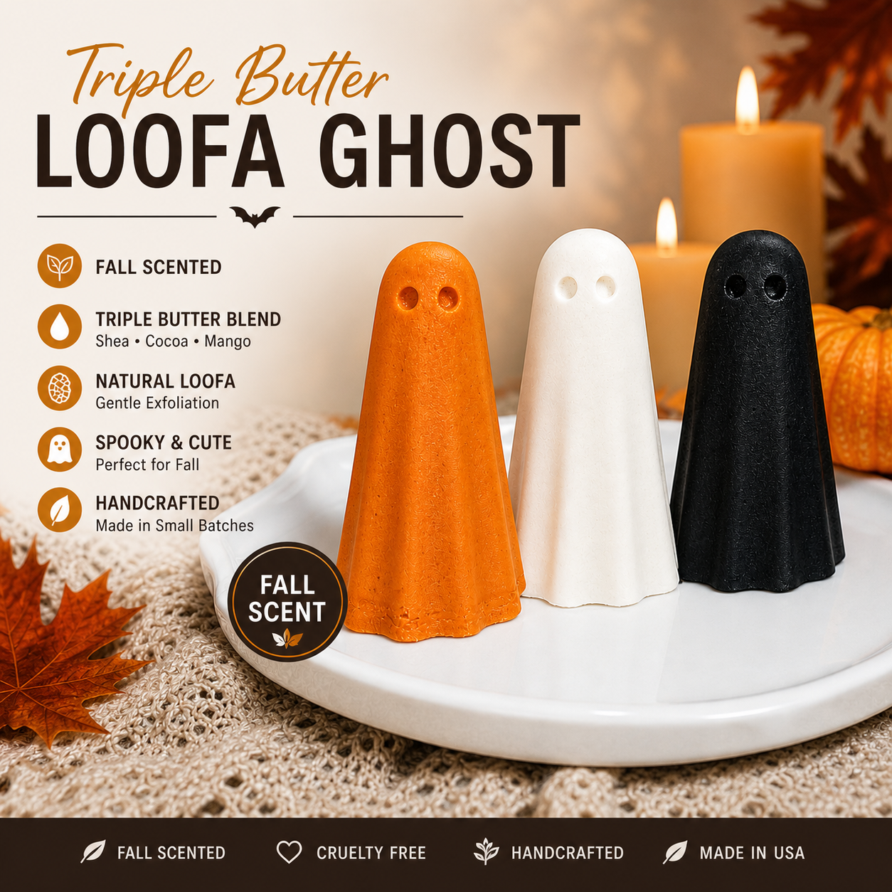 Loofa Ghost Soap – Triple Butter Scrub (Fall Edition) | Orange, Black, White