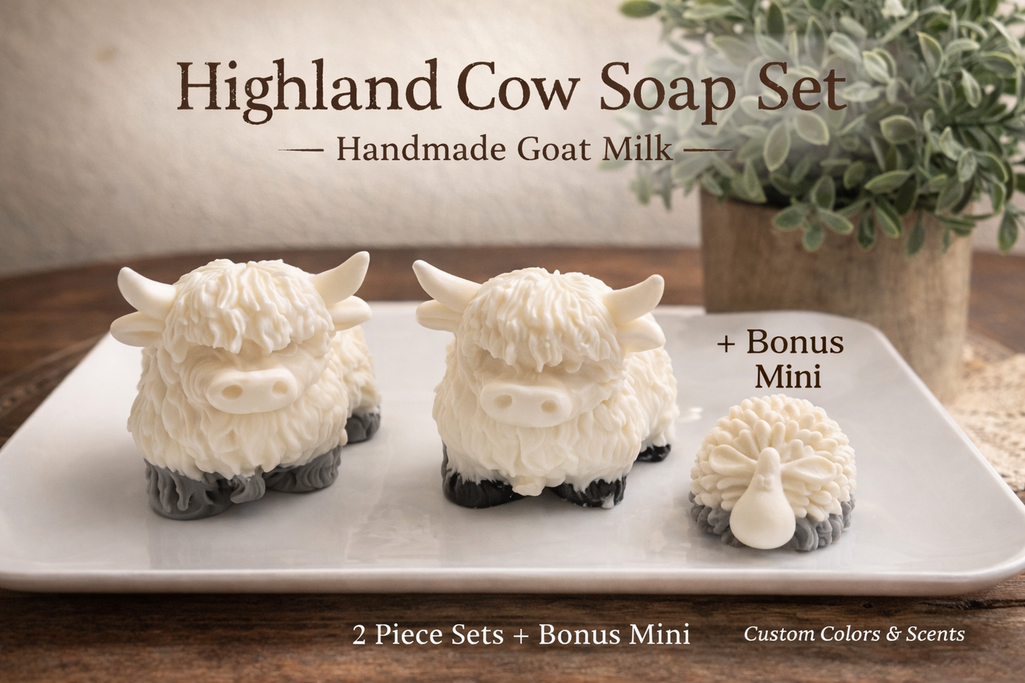 Highland Cow Soap Set – Handmade Goat Milk Bars (2 Cows + Bonus Sheep, Farmhouse Gift)