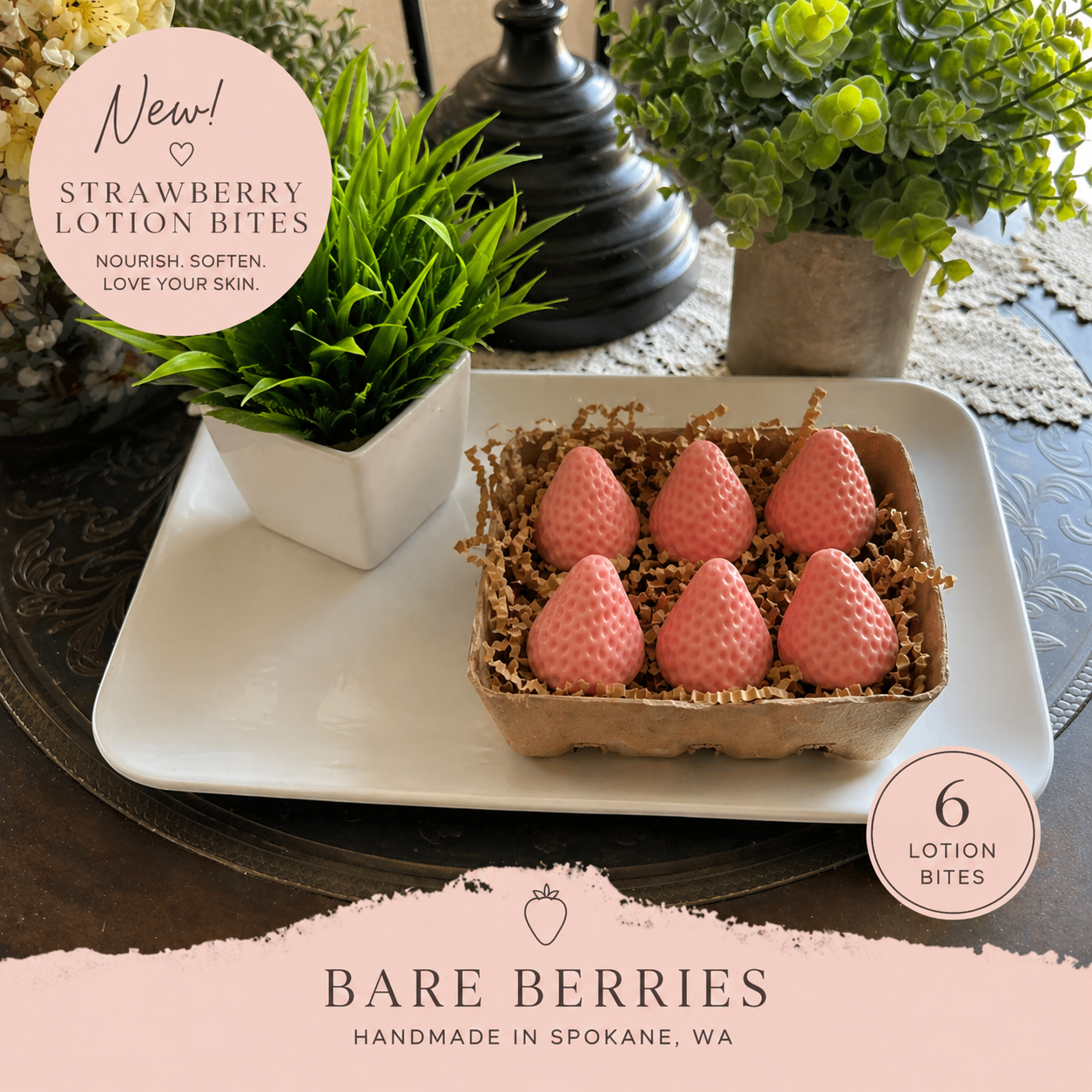 Bare Berries Strawberry Lotion Bites – Fragrance-Free, Small Batch Skincare Made in Spokane, Washington