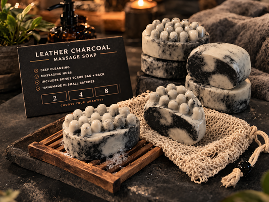 Leather Charcoal Massage Soap Set | Handmade Men’s Goat Milk Soap | Includes Scrub Bag + Wooden Rack
