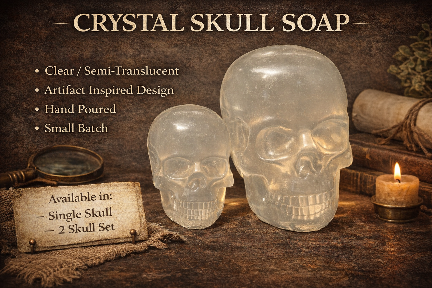 Crystal Skull Soap Set – Clear Leather-Scented Handmade Bars (Set of 2, Gothic Gift)