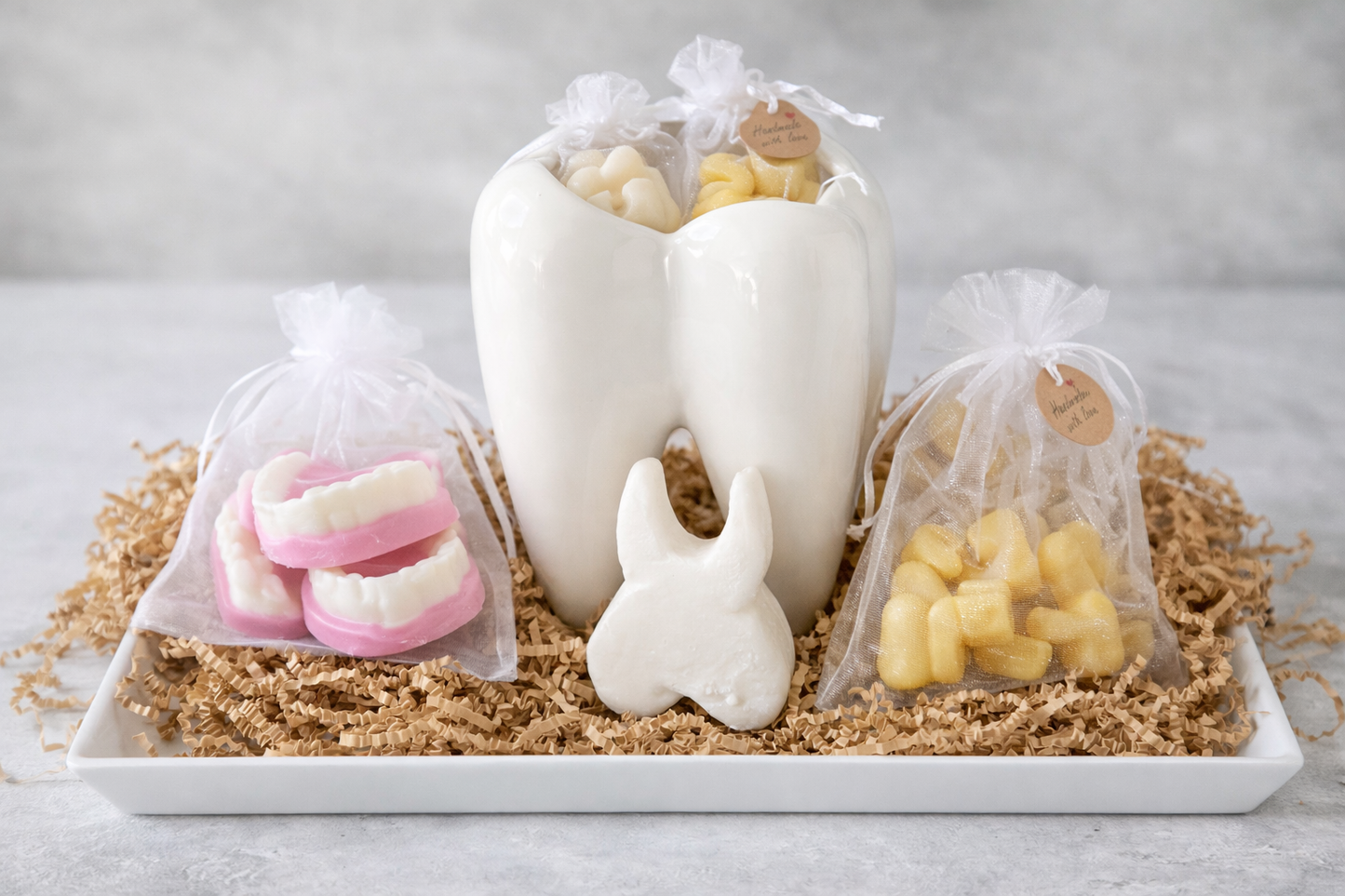 Dental Graduation Gift Box – Handmade Dentist Gift Set with Tooth Bath Bomb, Peppermint Denture Soaps & Beeswax Melts