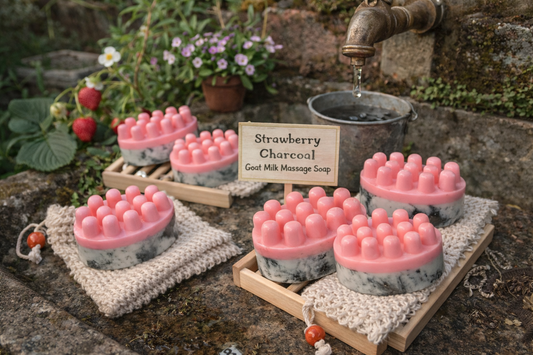 Strawberry Charcoal Goat Milk Massage Soap Set | Handmade Spa Bars with Scrub Bag and Wooden Rack | Artisan Bath Gift Bundle