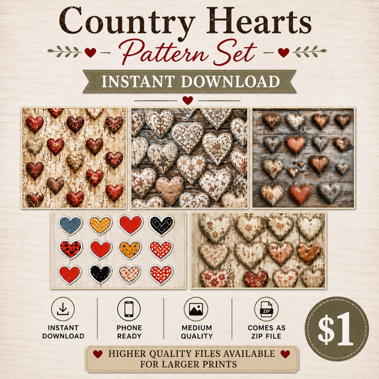 Country Hearts Pattern Set – Free Printable (Rustic Farmhouse Digital Paper Pack)