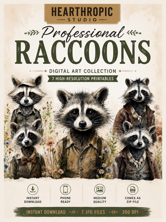 Professional Raccoons Digital Art Collection – Vintage Farmhouse Woodland Printables Digital product