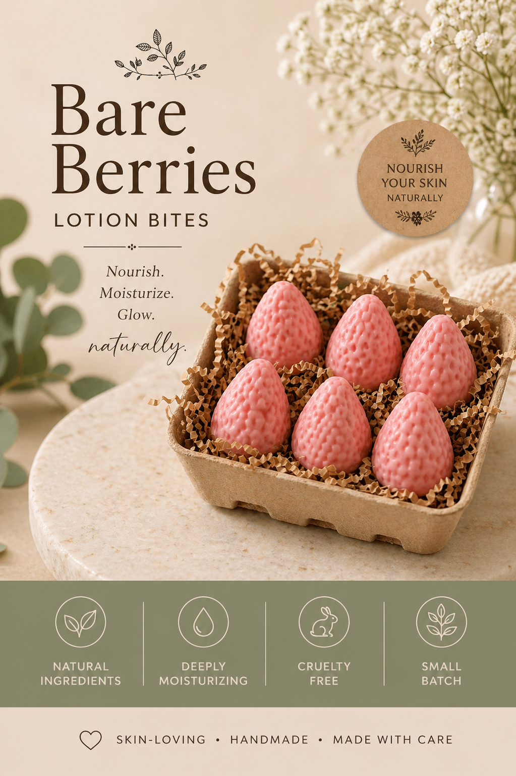 Bare Berries Strawberry Lotion Bites – Fragrance-Free, Small Batch Skincare Made in Spokane, Washington