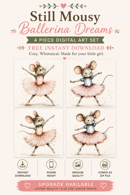 Ballerina Mouse Dreams – 4 Piece Digital Art Set | Soft Pink Nursery Wall Art | Instant Download
