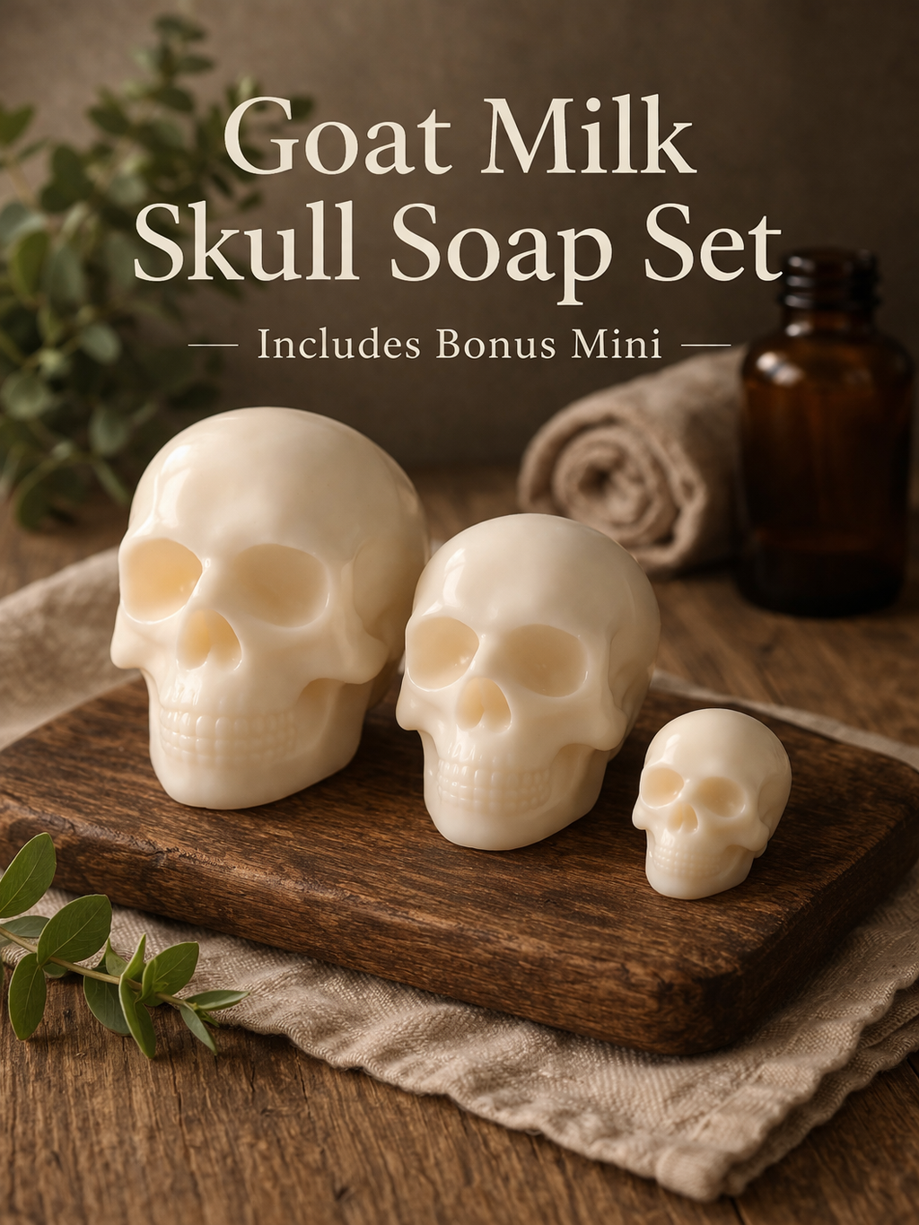 Goat Milk Skull Soap Set – Leather, Vanilla & Sandalwood Bars (Includes Bonus Mini)