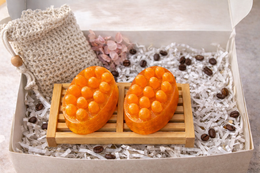 Olive Oil Orange Massage Soap – Pack of 2 with Bamboo Rack & Sisal Scrub Bag