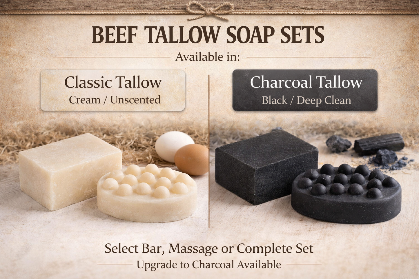 Beef Tallow Soap Set – Classic & Charcoal Bars (Handmade Bar or Massage Soap)